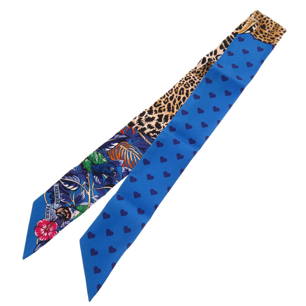 美品 エルメス ハート ツイリー ジャングル ラブラブ ヒョウ シルク ブルー スカーフ 青 1350 【中古】 HERMES