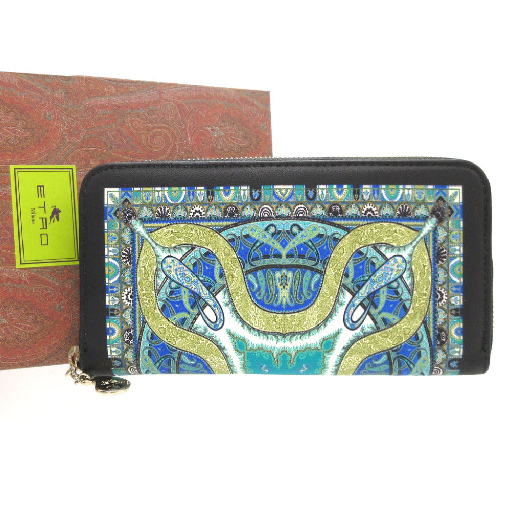 未使用 エトロ ペイズリー レザー ネイビー 紺 ラウンドファスナー長財布 財布 1393【中古】ETRO