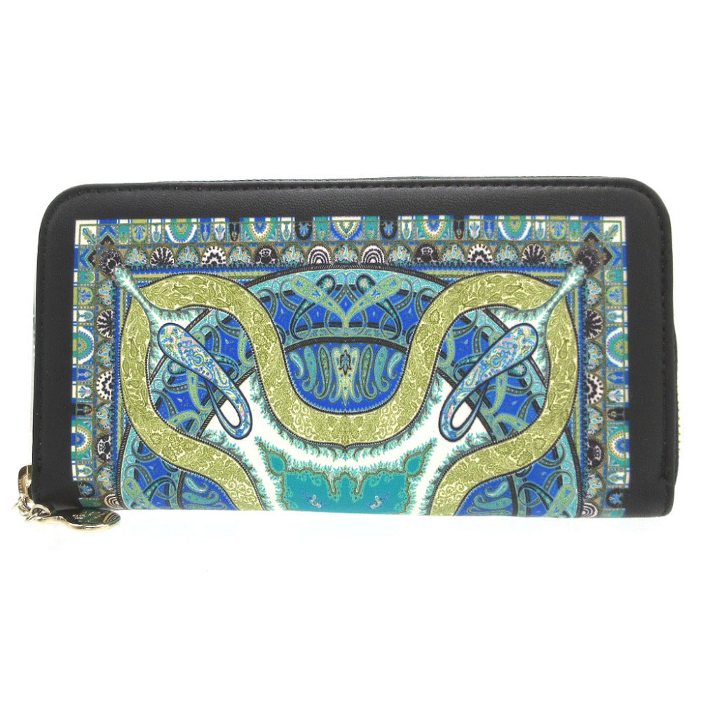 未使用 エトロ ペイズリー レザー ネイビー 紺 ラウンドファスナー長財布 財布 1393【中古】ETRO