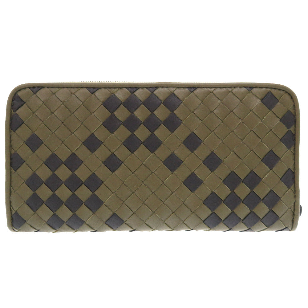 未使用 ボッテガ ヴェネタ カーキ ブラック レザー イントレチャート ラウンドファスナー 長財布 バイカラー 1434 【中古】 BOTTEGA VENETA メンズ