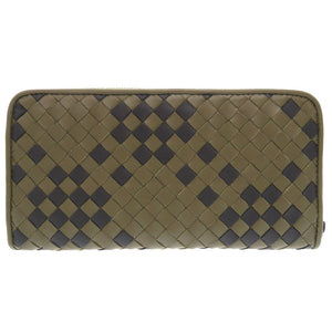 未使用 ボッテガ ヴェネタ カーキ ブラック レザー イントレチャート ラウンドファスナー 長財布 バイカラー 1434 【中古】 BOTTEGA VENETA メンズ