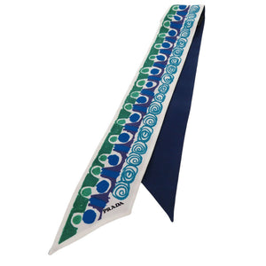 新品同様 プラダ シルク ブルー ホワイト グリーン 1FF008 青 白 緑 スカーフ 1480【中古】PRADA