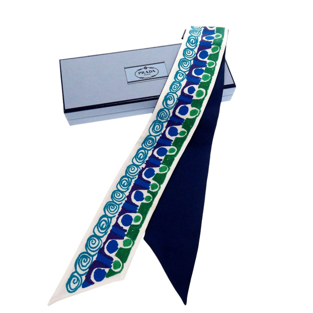 新品同様 プラダ シルク ブルー ホワイト グリーン 1FF008 青 白 緑 スカーフ 1480【中古】PRADA