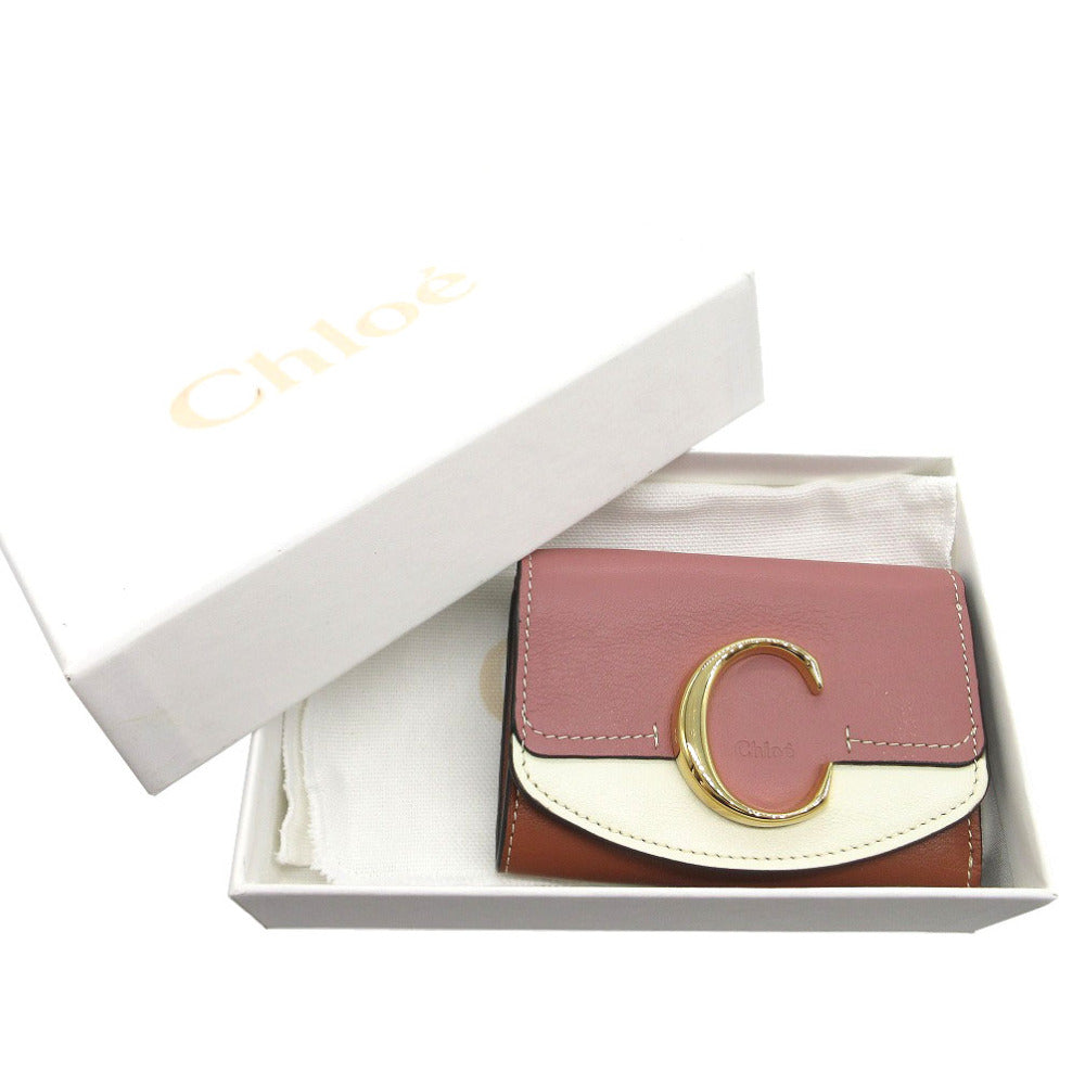 新品同様 クロエ クロエシー コンパクトウォレット 三つ折り財布 レザー/カーフレザー ラスティピンク ホワイト 1535【中古】Chloe