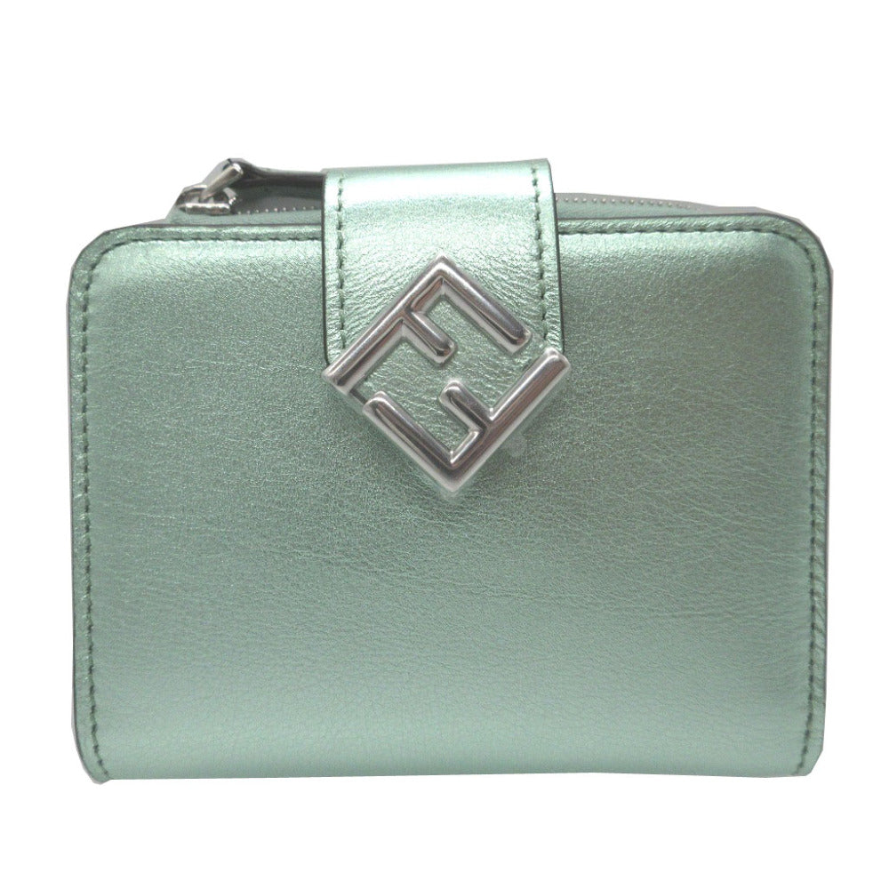 新品同様 フェンディ 8M0490 FFダイヤモンド コンパクトウォレット レザー メタリックグリーン 緑 2つ折り財布 財布 1554【中古】FENDI
