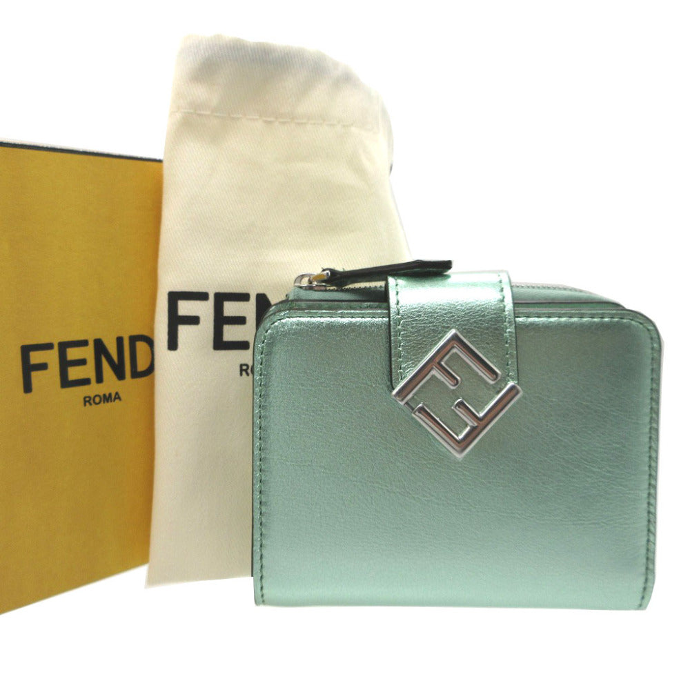 新品同様 フェンディ 8M0490 FFダイヤモンド コンパクトウォレット レザー メタリックグリーン 緑 2つ折り財布 財布 1554【中古】FENDI