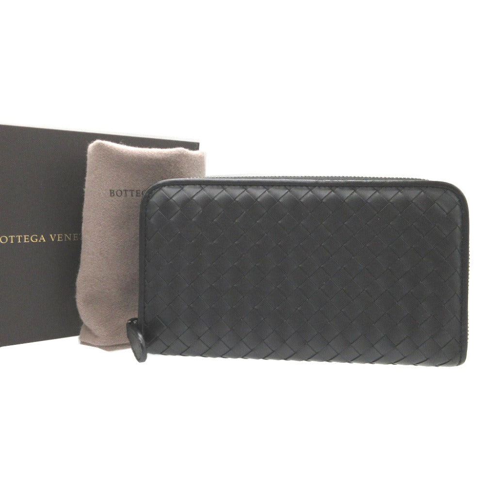 未使用 ボッテガヴェネタ イントレチャート レザー ブラック 黒 ラウンドファスナー長財布 財布 1601【中古】BOTTEGA VENETA