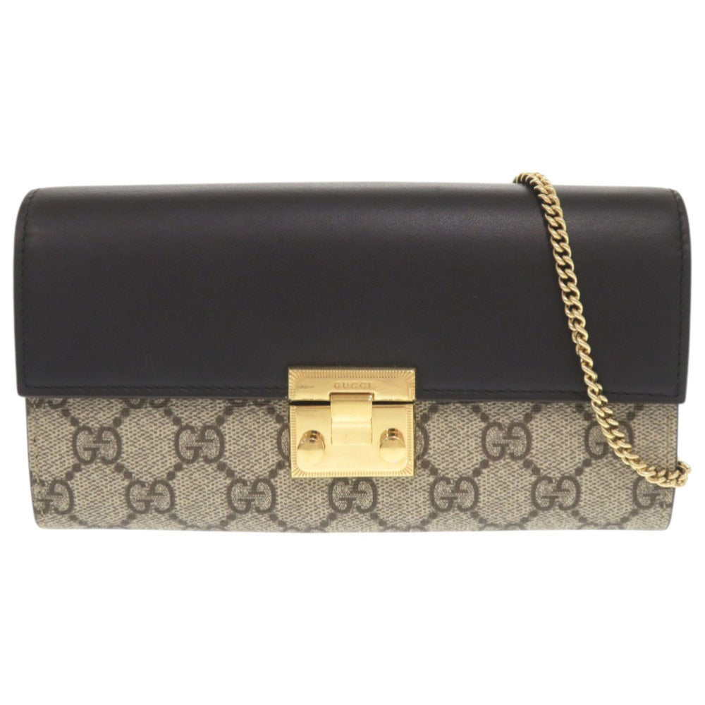 新品同様 グッチ 453506 GGスプリームキャンバス レザー ベージュ ブラック 長財布 チェーンウォレット 1880【中古】GUCCI