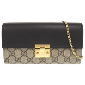 新品同様 グッチ 453506 GGスプリームキャンバス レザー ベージュ ブラック 長財布 チェーンウォレット 1880【中古】GUCCI
