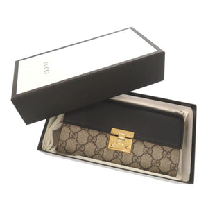 新品同様 グッチ 453506 GGスプリームキャンバス レザー ベージュ ブラック 長財布 チェーンウォレット 1880【中古】GUCCI