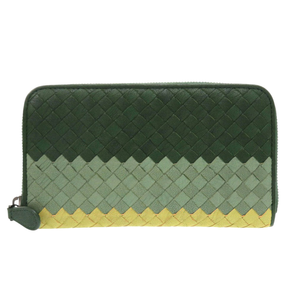 未使用 ボッテガヴェネタ イントレチャート レザー グリーン イエロー 長財布 緑 1924【中古】BOTTEGAVENETA