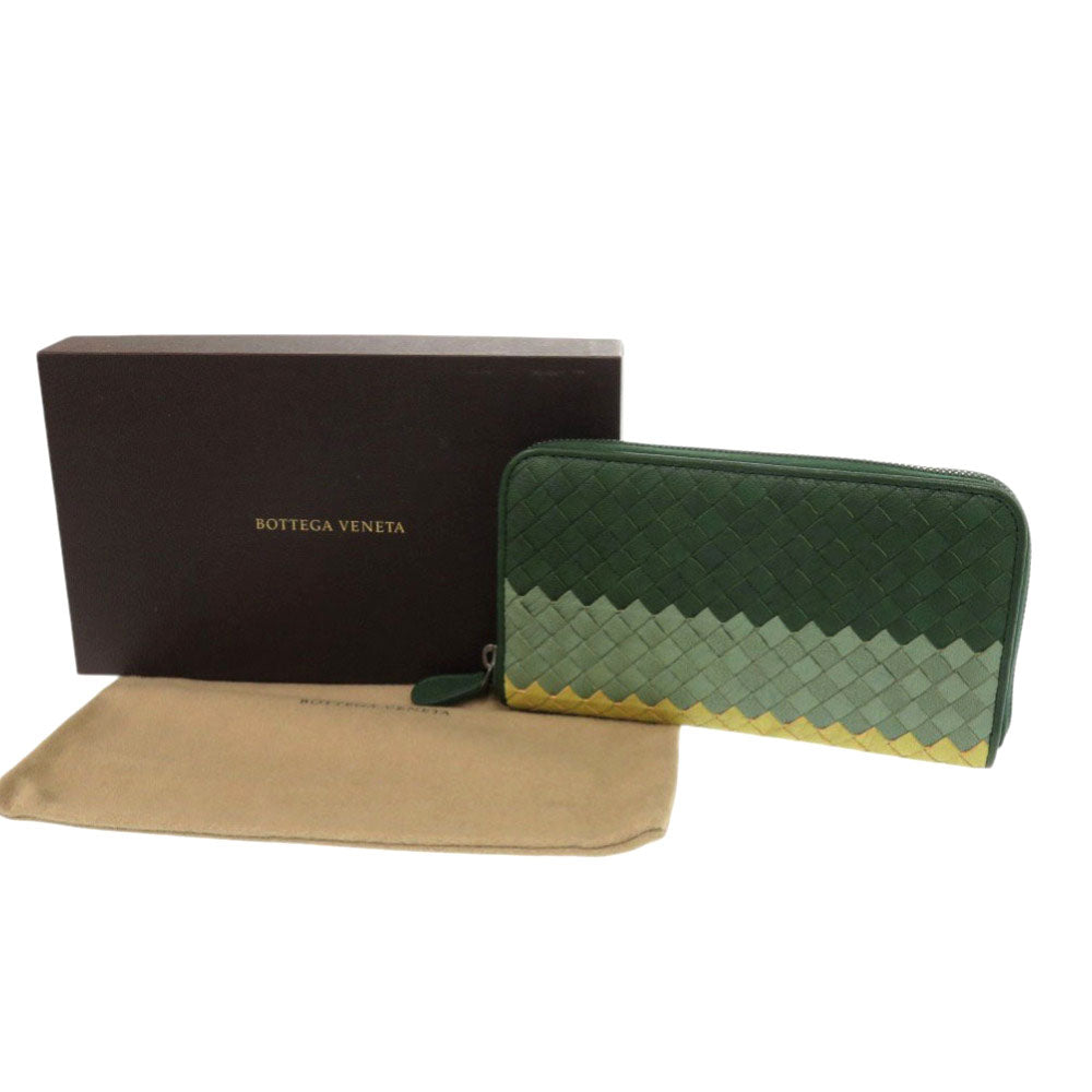 未使用 ボッテガヴェネタ イントレチャート レザー グリーン イエロー 長財布 緑 1924【中古】BOTTEGAVENETA