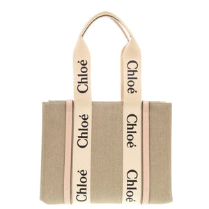 新品同様 クロエ WOODY ウッディ ミディアム トートバッグ ベージュ ピンク レザー リネンキャンバス ハンドバッグ 2383【中古】Chloe