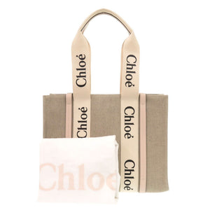 新品同様 クロエ WOODY ウッディ ミディアム トートバッグ ベージュ ピンク レザー リネンキャンバス ハンドバッグ 2383【中古】Chloe