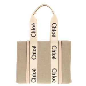 新品同様 クロエ WOODY ウッディ ミディアム トートバッグ ベージュ ピンク レザー リネンキャンバス ハンドバッグ 2383【中古】Chloe