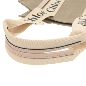 新品同様 クロエ WOODY ウッディ ミディアム トートバッグ ベージュ ピンク レザー リネンキャンバス ハンドバッグ 2383【中古】Chloe