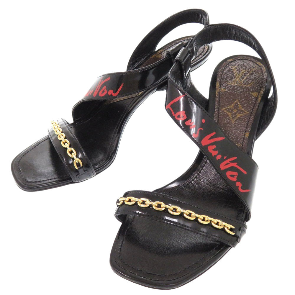 新品同様 ルイ ヴィトン ロゴ モノグラム パテントレザー ブラック ヒールサンダル 黒 LV 2469【中古】LOUIS VUITTON