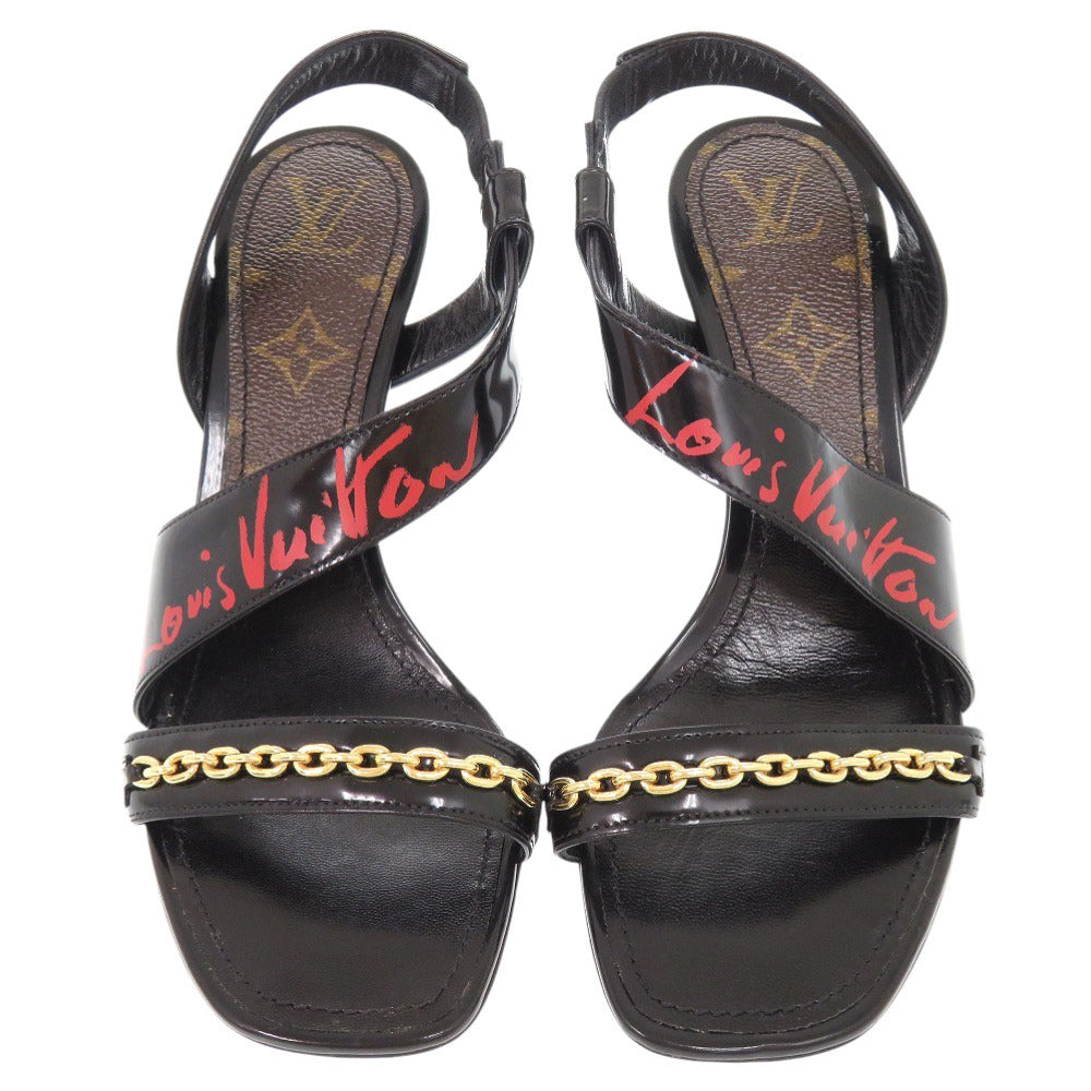 新品同様 ルイ ヴィトン ロゴ モノグラム パテントレザー ブラック ヒールサンダル 黒 LV 2469【中古】LOUIS VUITTON