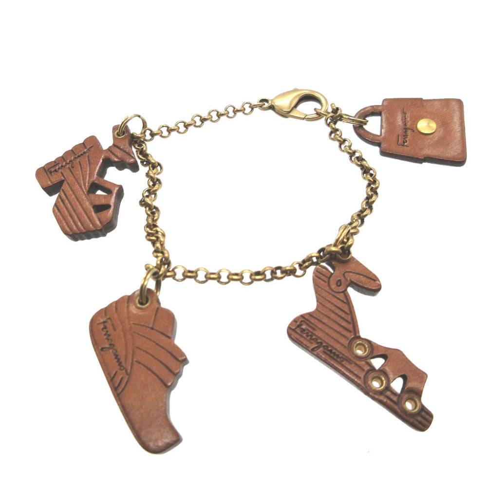 美品 サルヴァトーレ フェラガモ レザー 靴 鞄 バッグ メタル ブラウン 茶 バッグチャーム ブレスレット 0019【中古】Salvatore Ferragamo