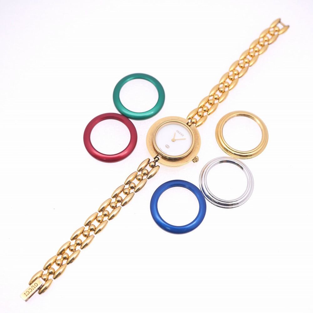 美品 グッチ チェンジベゼル 1100-L クオーツ 腕時計 ゴールド ベゼル5個セット ホワイト 白文字盤 0073【中古】GUCCI レディース