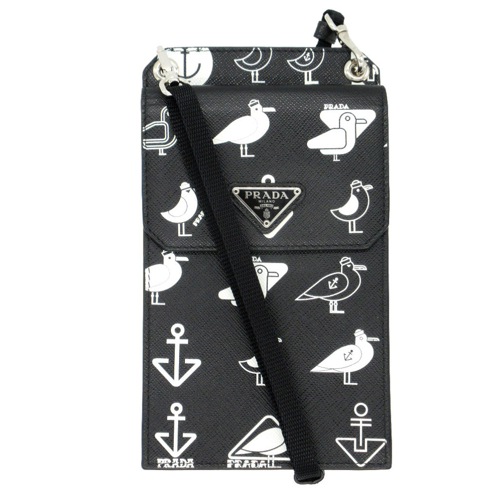 新品同様 プラダ スマホショルダー カモメ 錨 三角プレート ショルダーバッグ レザー/サフィアーノレザー ブラック 黒 0090【中古】PRADA