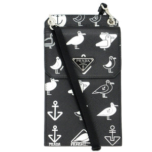 新品同様 プラダ スマホショルダー カモメ 錨 三角プレート ショルダーバッグ レザー/サフィアーノレザー ブラック 黒 0090【中古】PRADA