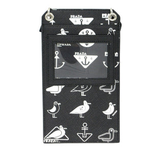 新品同様 プラダ スマホショルダー カモメ 錨 三角プレート ショルダーバッグ レザー/サフィアーノレザー ブラック 黒 0090【中古】PRADA
