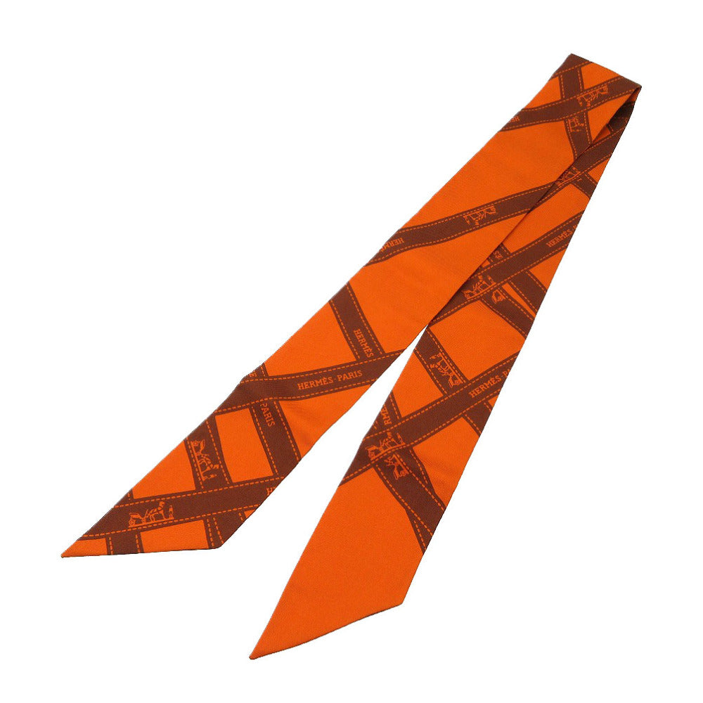 美品 エルメス ツイリー ボルデュックリボン スカーフ シルク オレンジ/ブラウン 0153【中古】HERMES