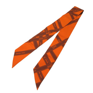 美品 エルメス ツイリー ボルデュックリボン スカーフ シルク オレンジ/ブラウン 0153【中古】HERMES