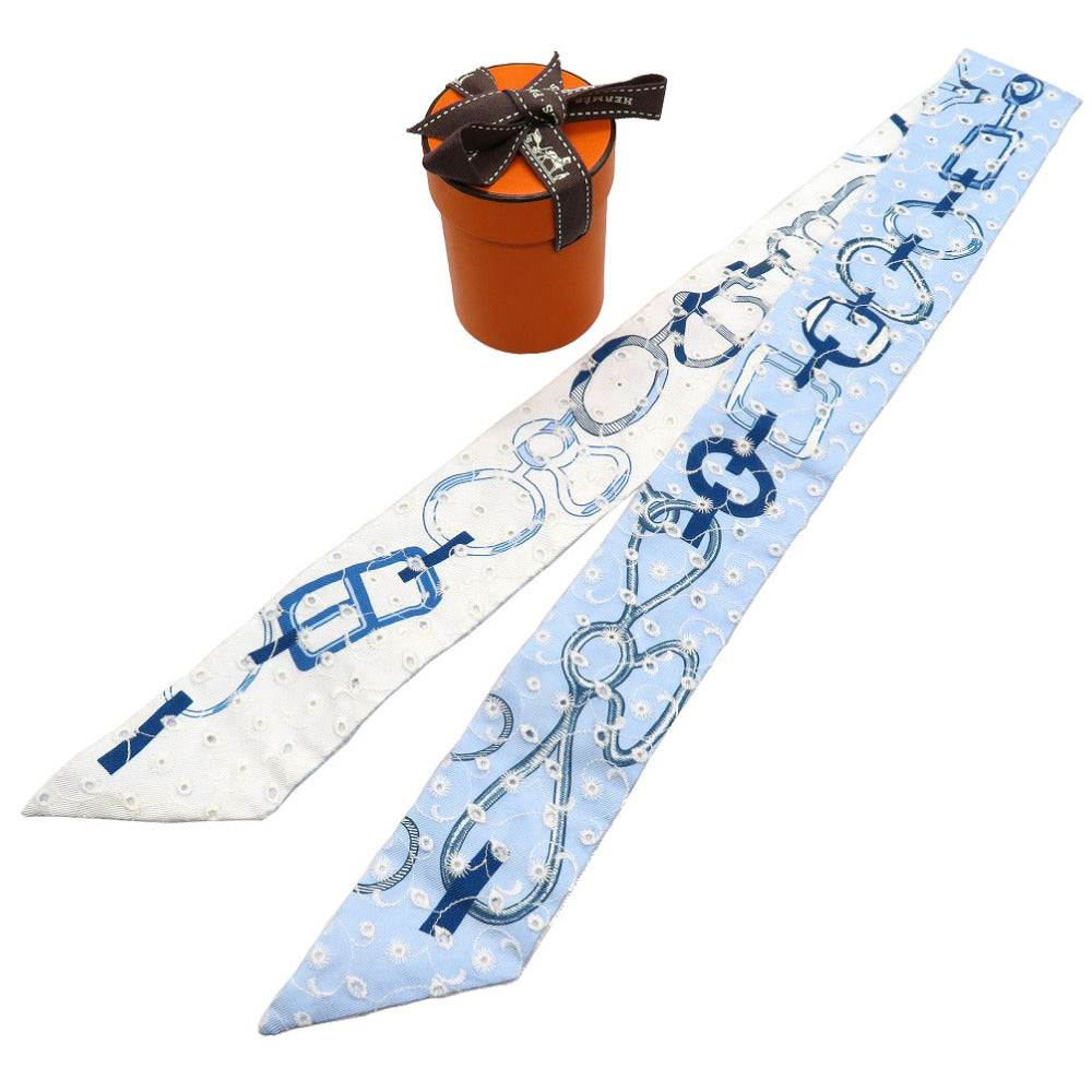 未使用 エルメス ツイリー ド レ ブックル ブロデリー アングレーズ シルク ブルー スカーフ 青 0176 【中古】 HERMES