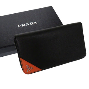 新品同様 プラダ サフィアーノ オーガナイザー レザー ブラック オレンジ シルバー 黒  長財布 0399【中古】PRADA