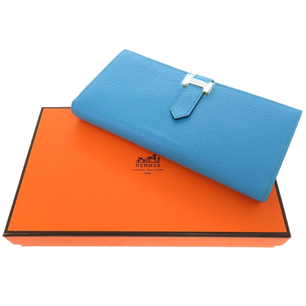 未使用 エルメス ベアンスフレ シェーブル ブルーアズテック ゴールド金具 □R刻印 長財布 青 0412 【中古】 HERMES