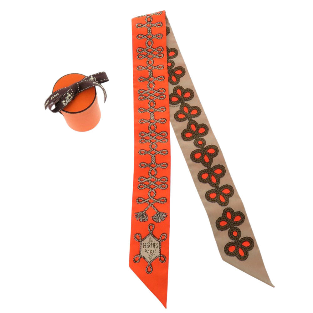 美品 エルメス ツイリー Galons et Brandebourgs 飾緒とブランデンブルク飾り シルク オレンジ ブラウン 0431【中古】HERMES