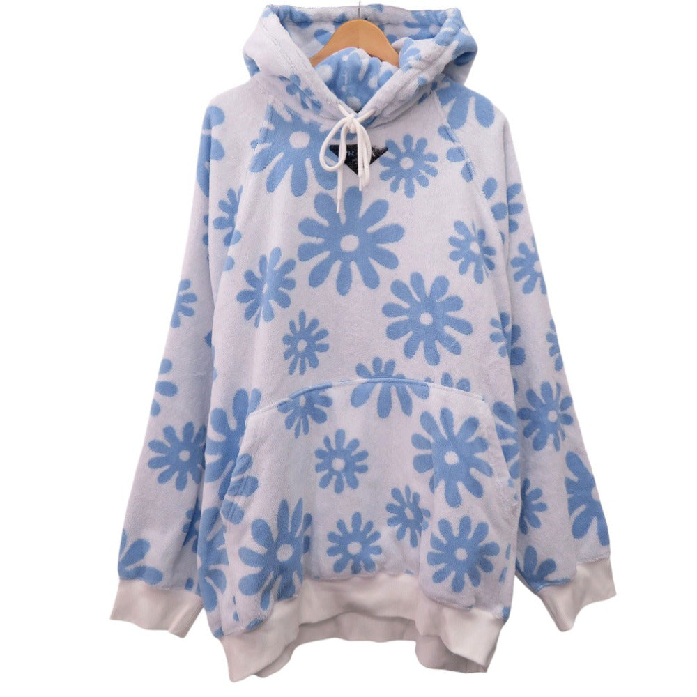 美品 プラダ フラワープリント ジャガードテリークロス プルオーバー パーカー フーディー UJL09A コットン ブルー 0660【中古】PRADA