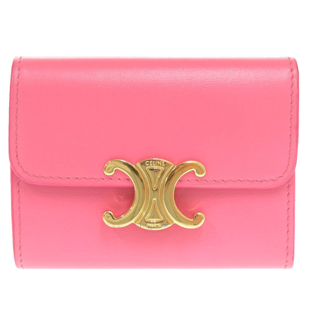 美品 セリーヌ トリオンフ コンパクトウォレット レザー ピンク ゴールド金具 三つ折り財布 0741 【中古】 CELINE