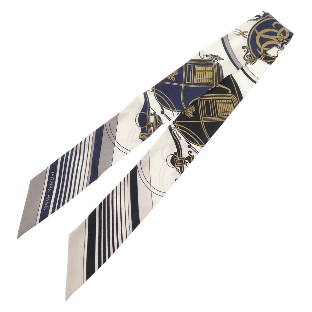 美品 エルメス ツイリー EX-LIBRIS エクスリブリス シルク ネイビー/ブルー/ホワイト スカーフ 青 白 0754-4【中古】HERMES