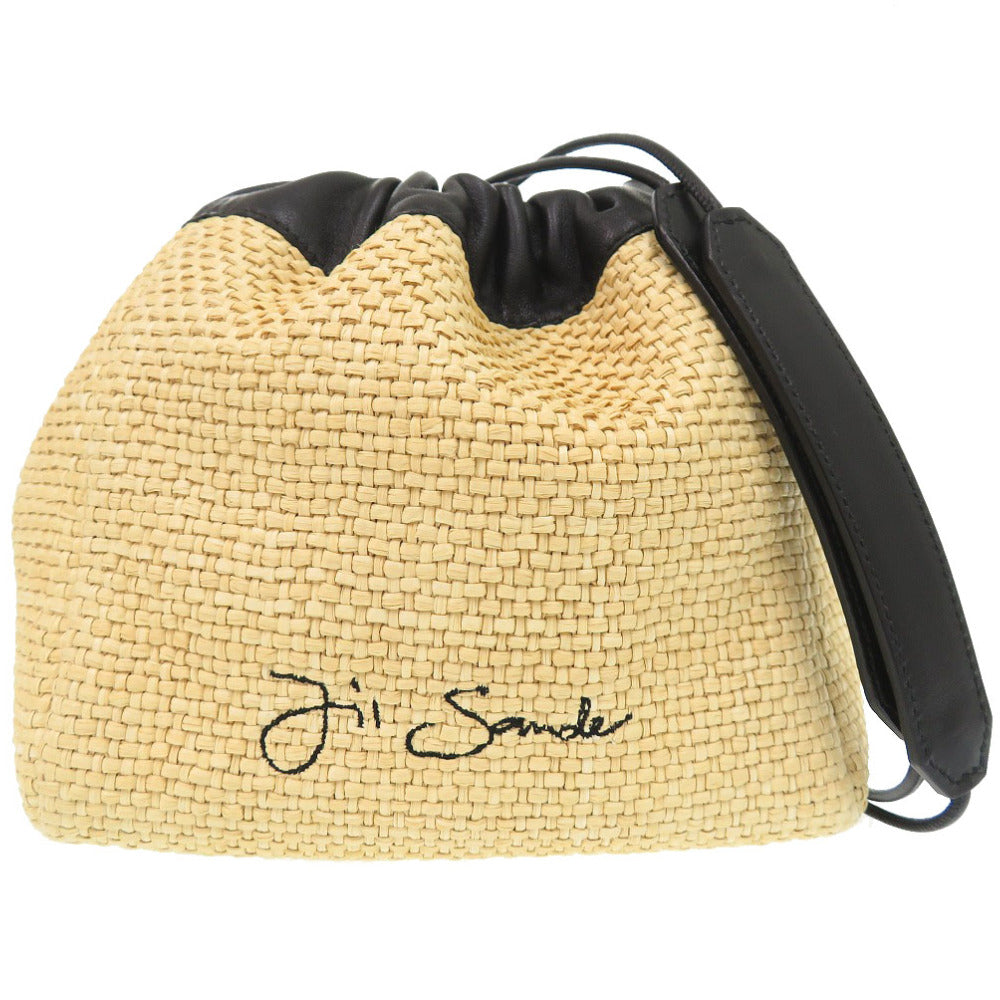 新品同様 ジルサンダー ストロー/レザー ベージュ ドローストリング ショルダーバッグ 0954【中古】JIL SANDER