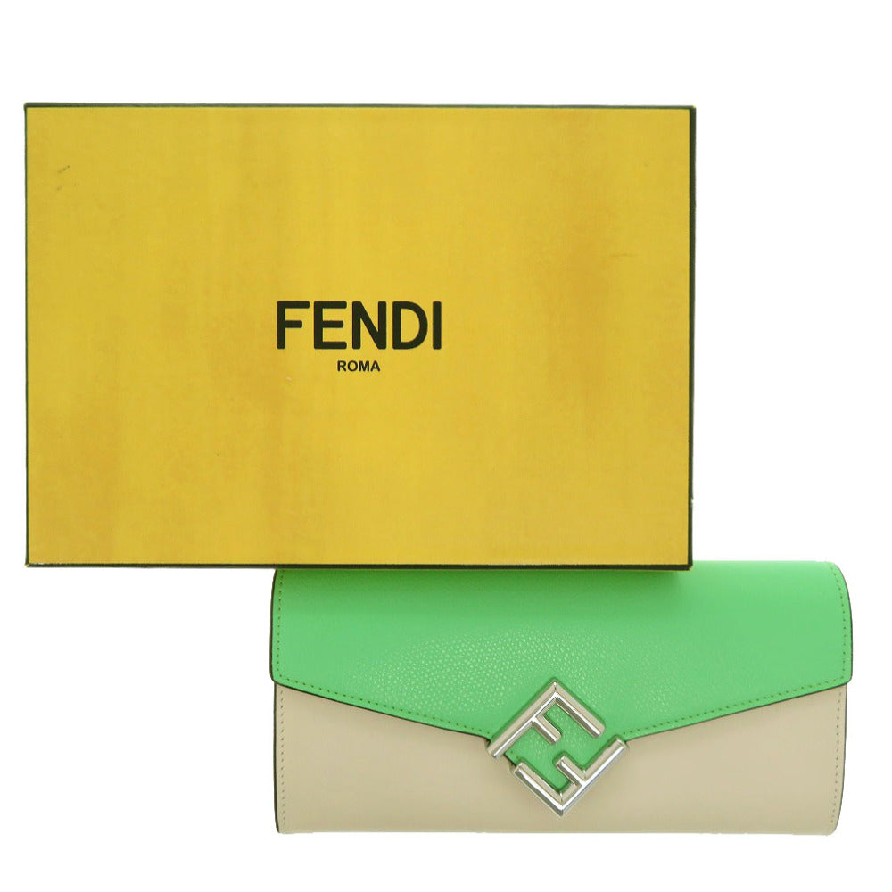 新品同様 フェンディ FFダイヤモンド コンチネンタル財布 FF DIAMONDS CONTINENTAL WALLET レザー グリーン ホワイト 薄緑 白 長財布1135【中古】FENDI