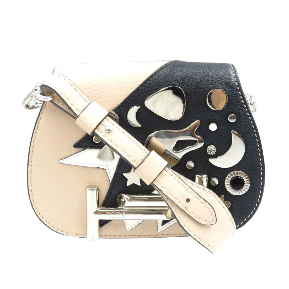 美品 トッズ ダブルT レザー メタル ピンクベージュ ブラック ショルダーバッグ クロスボディバッグ 1370【中古】TOD'S