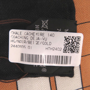 未使用 エルメス カレ140 カレジュアン コーチングデジャブ COACHIG DE JA-VU カシミヤ シルク ブラック ベージュ ゴールド 黒 スカーフ ストール 1407【中古】HERMES