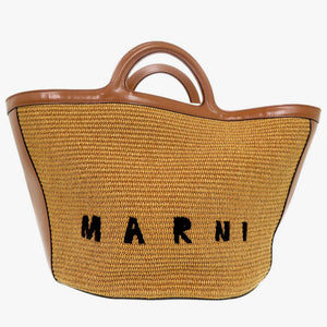 新品同様 マルニ トロピカリア ハンドバッグ ストロー レザー ブラウン ベージュ ハンドバッグ 1691【中古】MARNI