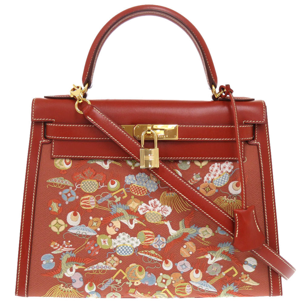 美品 エルメス ケリー28 外縫い 京刺繍 着物 ボックスカーフ ブリック ゴールド金具 □J刻印 ハンドバッグ 茶 1752 【中古】 HERMES キモノ