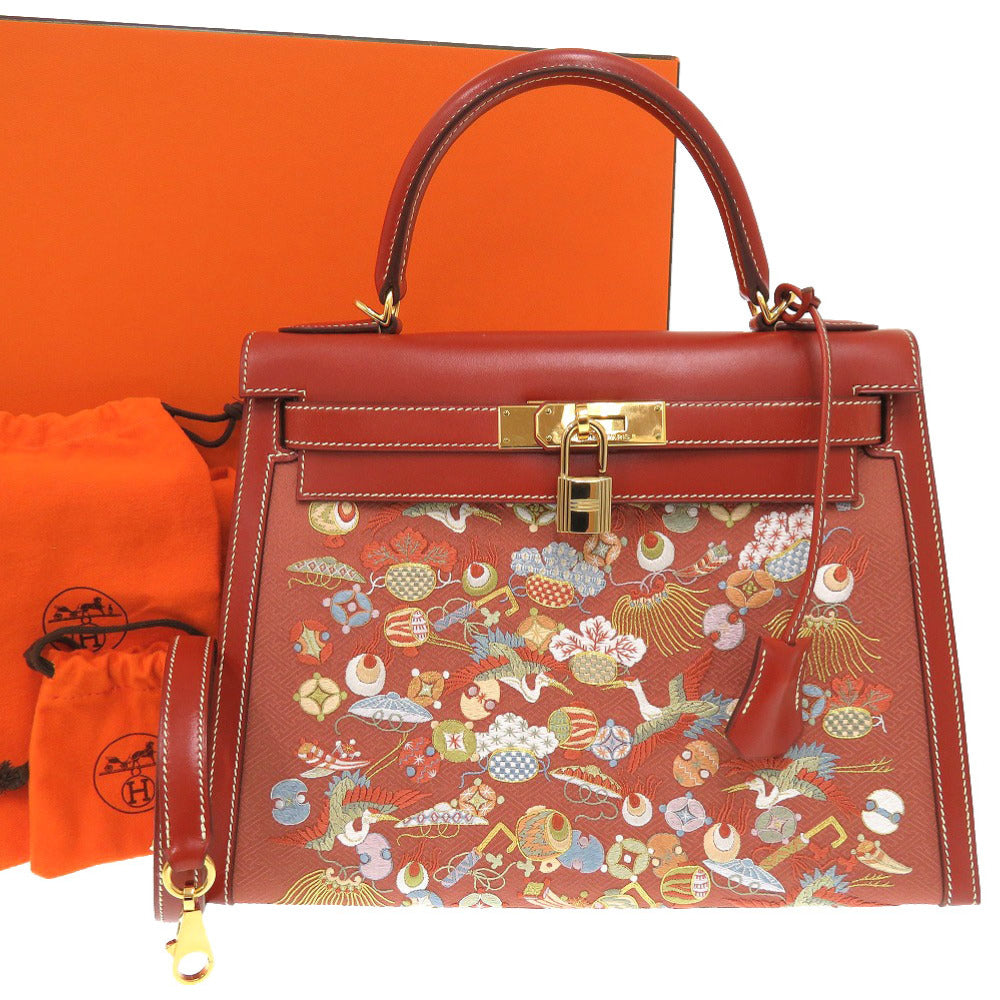 美品 エルメス ケリー28 外縫い 京刺繍 着物 ボックスカーフ ブリック ゴールド金具 □J刻印 ハンドバッグ 茶 1752 【中古】 HERMES キモノ