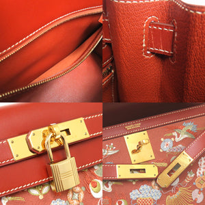 美品 エルメス ケリー28 外縫い 京刺繍 着物 ボックスカーフ ブリック ゴールド金具 □J刻印 ハンドバッグ 茶 1752 【中古】 HERMES キモノ