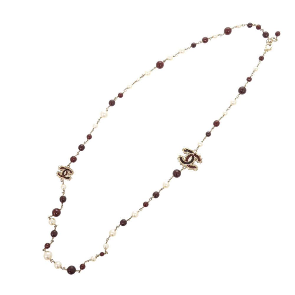美品 シャネル ココマーク ロングネックレス B12A フェイクパール/メタル/プラスチック ボルドー 0157【中古】CHANEL
