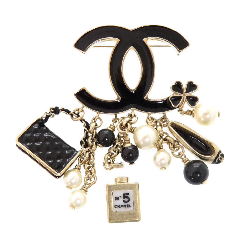 美品 シャネル ココマーク アイコン ブローチ B14V メタル フェイクパール ゴールド ブラック アクセサリー 0171【中古】CHANEL