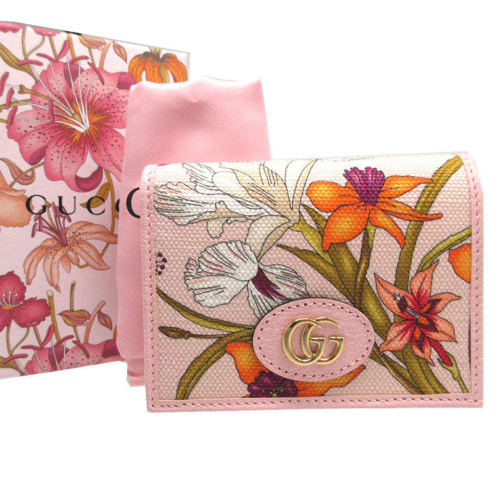 新品同様 グッチ フローラ 577347 コンパクトウォレット キャンバス レザー ピンク 2つ折り財布 財布 0341【中古】GUCCI