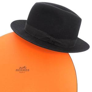 美品 エルメス ウール ハット 58サイズ 黒 帽子 ブラック 0477【中古】HERMES