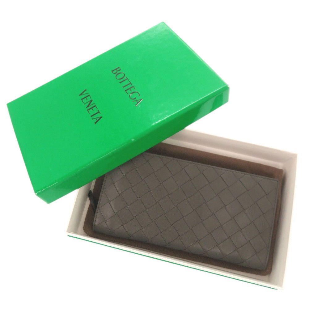 美品 ボッテガヴェネタ イントレチャート レザー グレー ラウンドファスナー 長財布 0510【中古】BOTTEGAVENETA メンズ