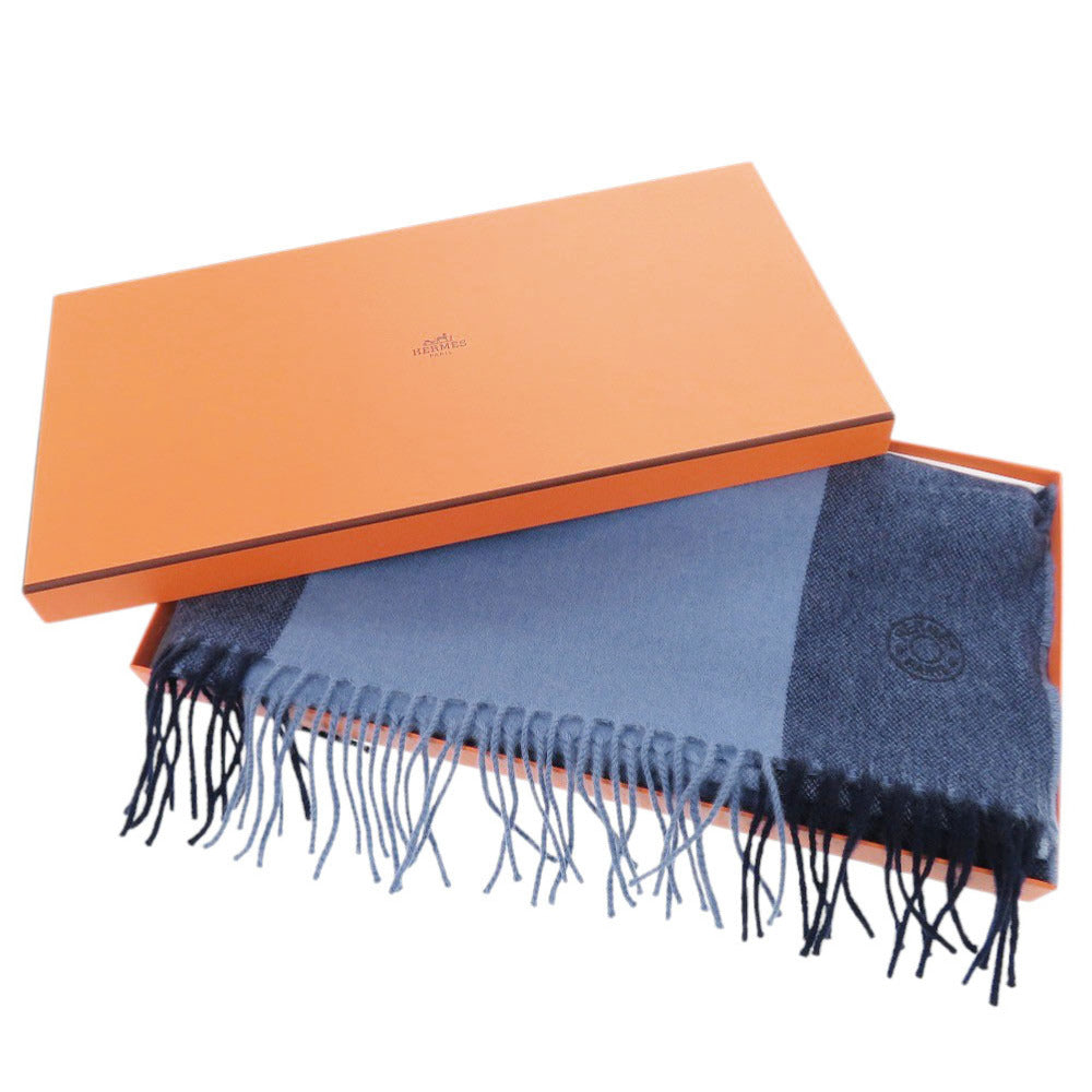 新品同様 エルメス Hサマーブロック カシミヤ ブルー マフラー 0526【中古】HERMES メンズ